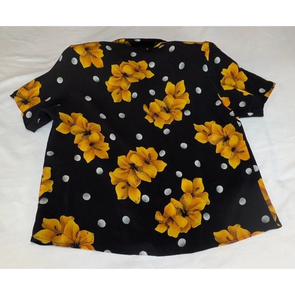 Vintage 2 Piece Skirt‎ Set Womens 12 Black Yellow Floral Polka Dot Rayon 90s